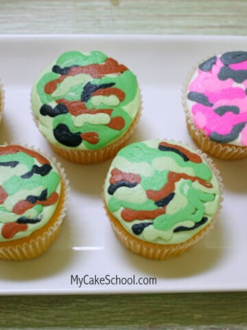 Learn to make camouflage cupcakes in this free cake decorating minute video tutorial by MyCakeSchool.com! Online Cake Tutorials, videos, and recipes!