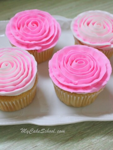 Learn how to pipe gorgeous buttercream ribbon roses onto cupcakes in this free MyCakeSchool.com cake decorating video tutorial! Perfect for all skill levels!