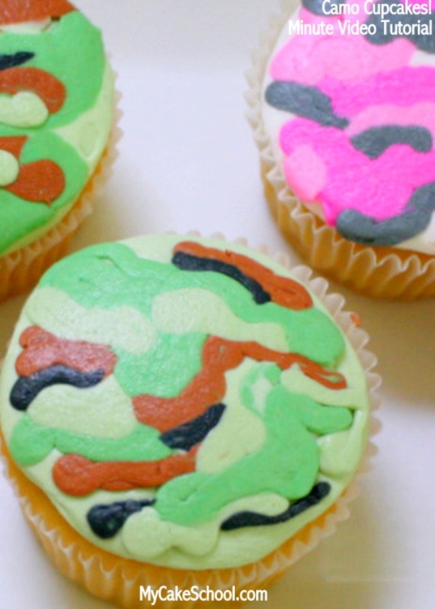 Buttercream Camo Cupcakes!! Free "Minute Video" tutorial by MyCakeSchool.com!