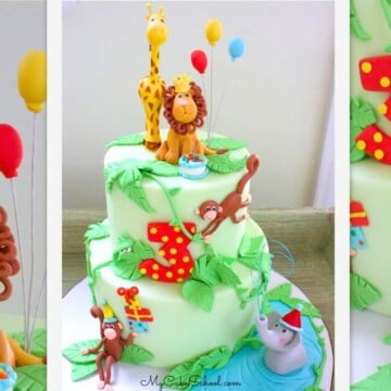 Jungle Cake with fondant lion and giraffe cake topper.