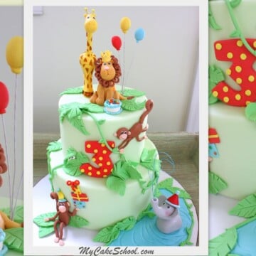 Two tiered jungle themed cake, topped with fondant giraffe and lion.