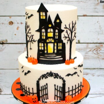 Learn to make a Haunted House Cake in this member cake video tutorial by MyCakeSchool.com! Perfect for Halloween Parties!