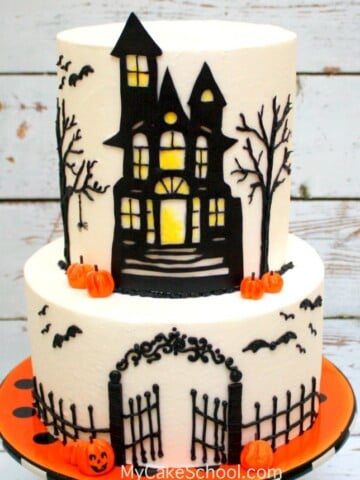 Learn to make a Haunted House Cake in this member cake video tutorial by MyCakeSchool.com! Perfect for Halloween Parties!