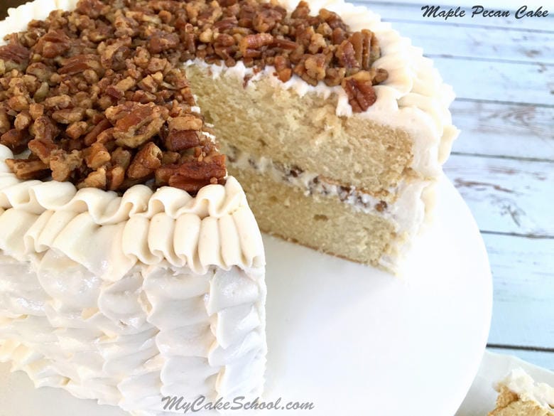 This delicious Maple Pecan Cake from scratch is perfect for fall! MyCakeSchool.com!