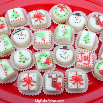 Learn to make the CUTEST Christmas Petit fours with ease in My Cake School's cake decorating video!