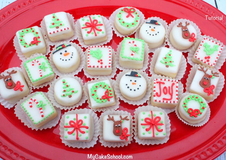 Learn to make the CUTEST Christmas Petit fours with ease in My Cake School's cake decorating video!