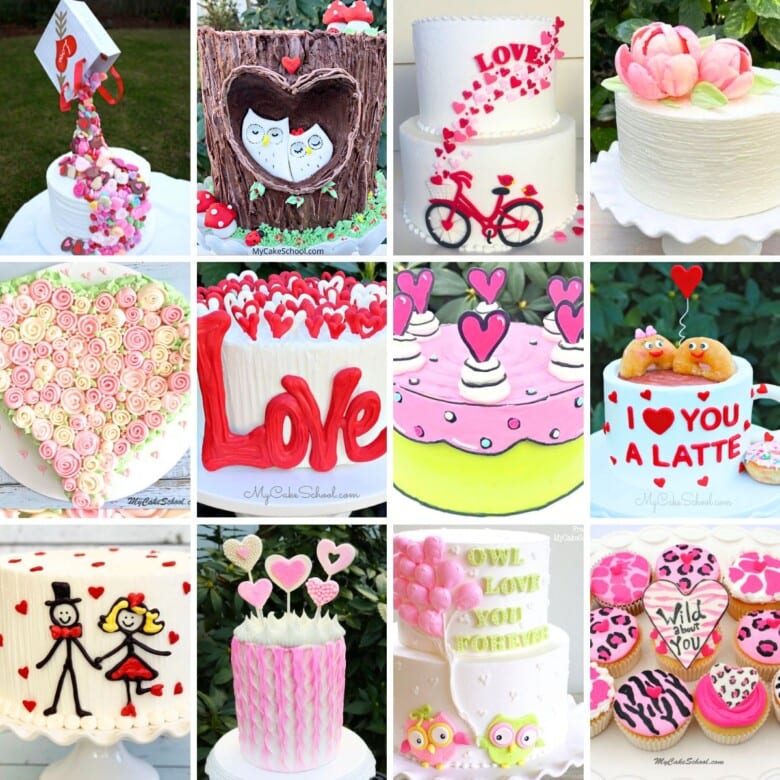 Photo grid of Valentine's Day Cake designs.