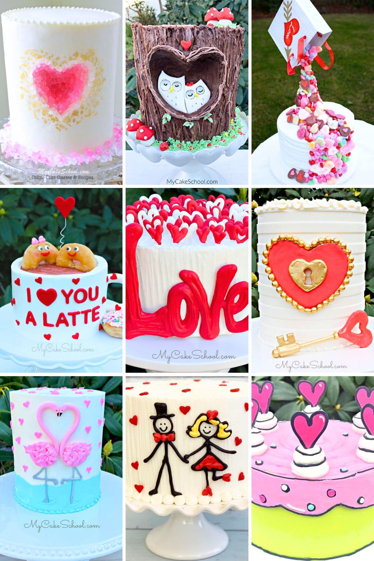 Photo grid of favorite Valentine's Day cake designs from our free tutorials.