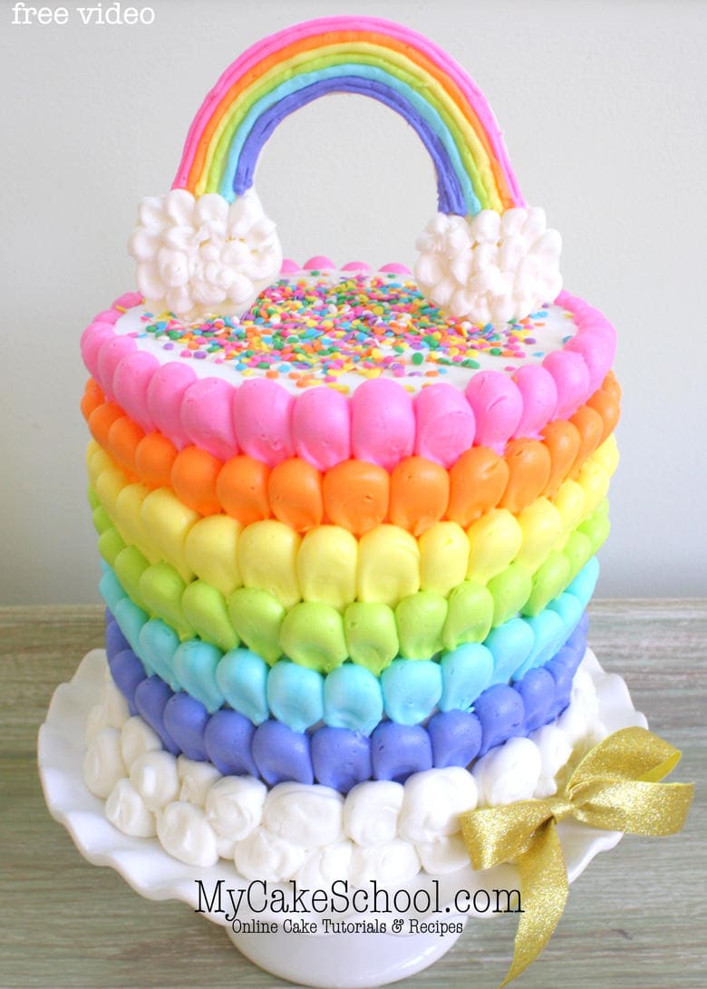 Beautiful Puffed Buttercream Rainbow Cake Tutorial by MyCakeSchool.com! This free cake video tutorial is perfect for all skill levels of cake decorating! MyCakeSchool.com online cake tutorials, recipes, videos, and more!