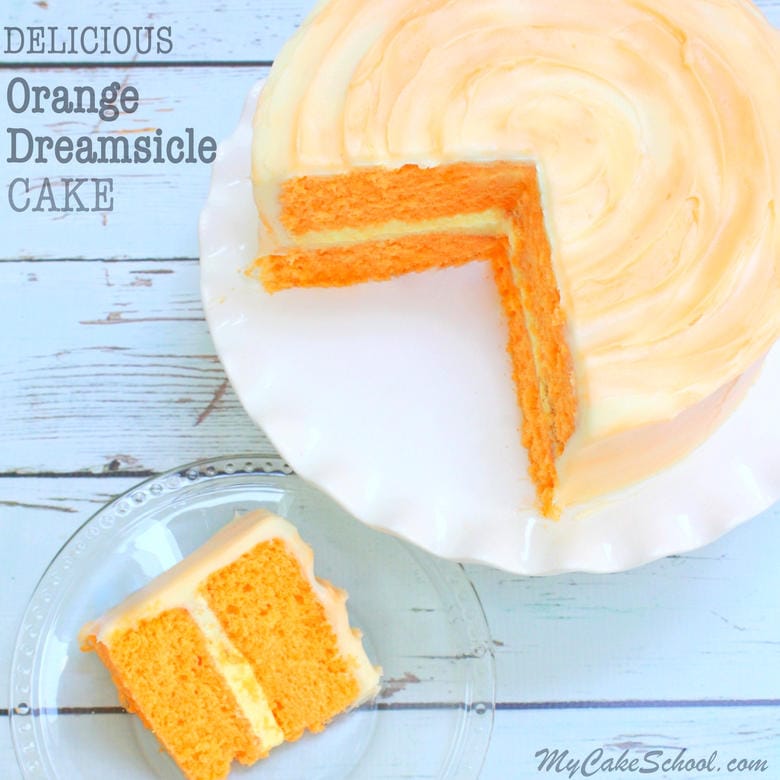 The BEST Orange Dreamsicle Cake Recipe by MyCakeSchool.com! You'll love this homemade Orange Dreamsicle Cake with Orange Cream Filling and Orange Cream Cheese Frosting! 