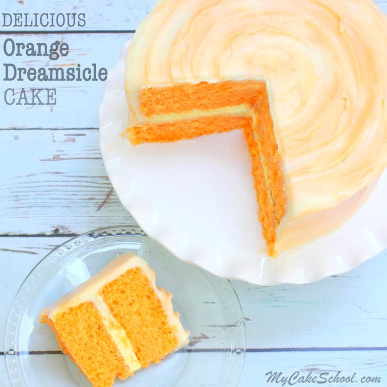 The BEST Orange Dreamsicle Cake Recipe by MyCakeSchool.com! You'll love this homemade Orange Dreamsicle Cake with Orange Cream Filling and Orange Cream Cheese Frosting!