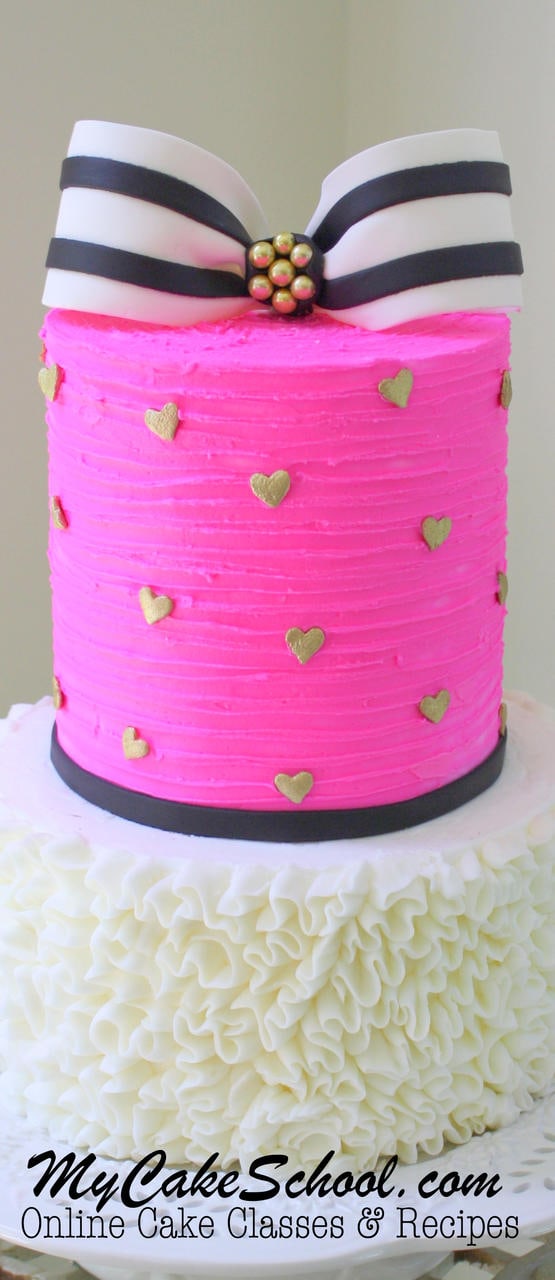 Gorgeous Cake with Striped Bow and Ruffled Buttercream- A Cake decorating Video Tutorial by MyCakeSchool.com! 