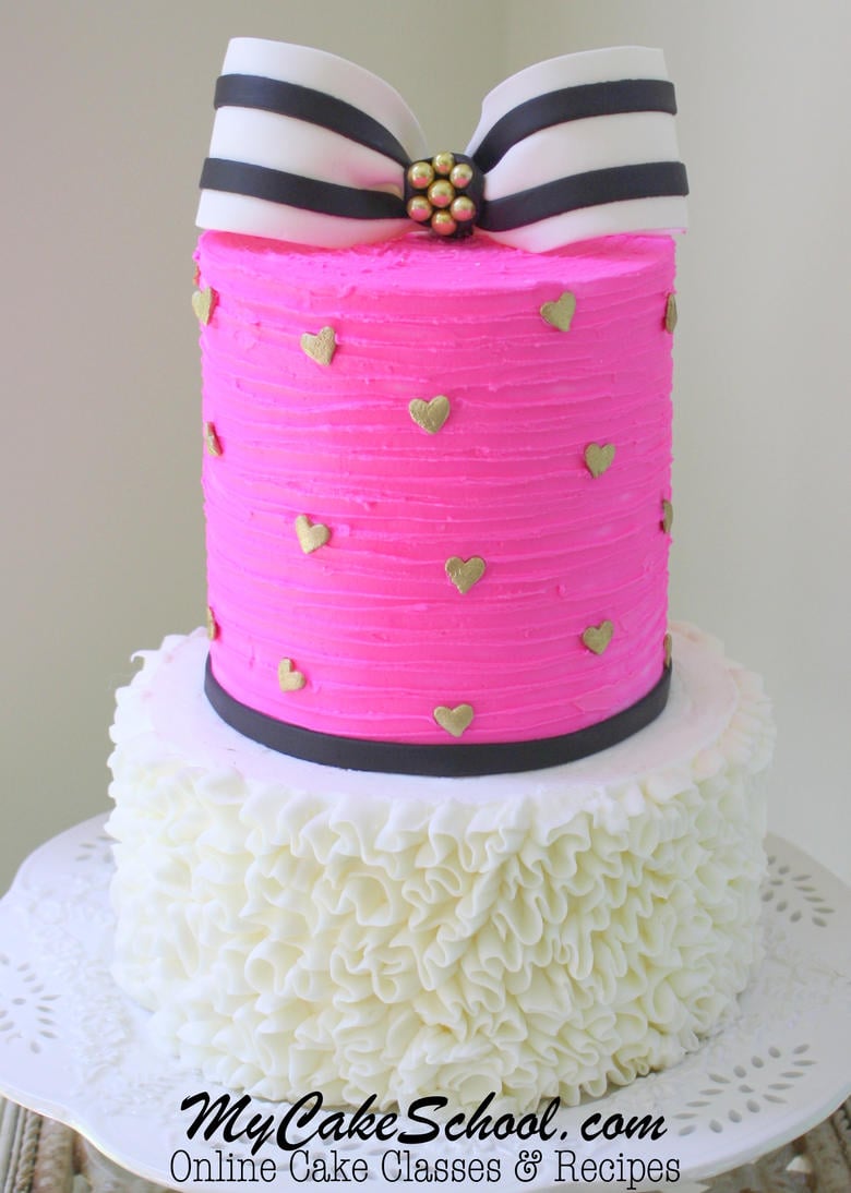 Gorgeous Cake with Striped Bow and Ruffled Buttercream- A Cake decorating Video Tutorial by MyCakeSchool.com! 