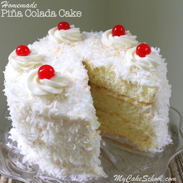 The BEST Piña Colada Cake Recipe by MyCakeSchool.com! Moist and delicious coconut cake layers with pineapple filling and a hint of rum! My Cake School cake recipes, cake videos, tutorials, and more!