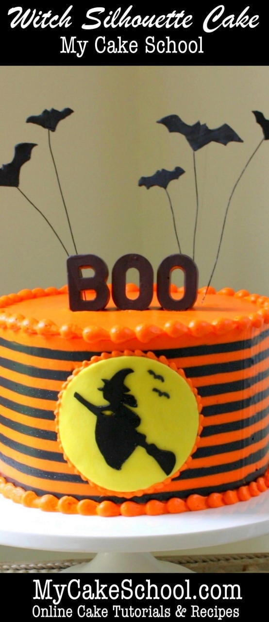 Halloween Witch Silhouette Cake Tutorial! Learn to create this festive cake in My Cake School's video tutorial! MyCakeSchool.com Online Cake Classes & Recipes