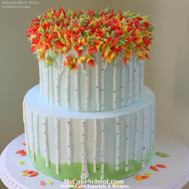 Beautiful Autumn Birch Tree Cake Design by MyCakeSchool.com. A Buttercream Cake Decorating Video Tutorial.