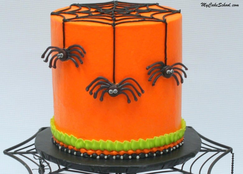 The Perfect Halloween Party Cake! In this free cake video, learn to create fun & creepy Chocolate Spiders! Tutorial by MyCakeSchool.com.