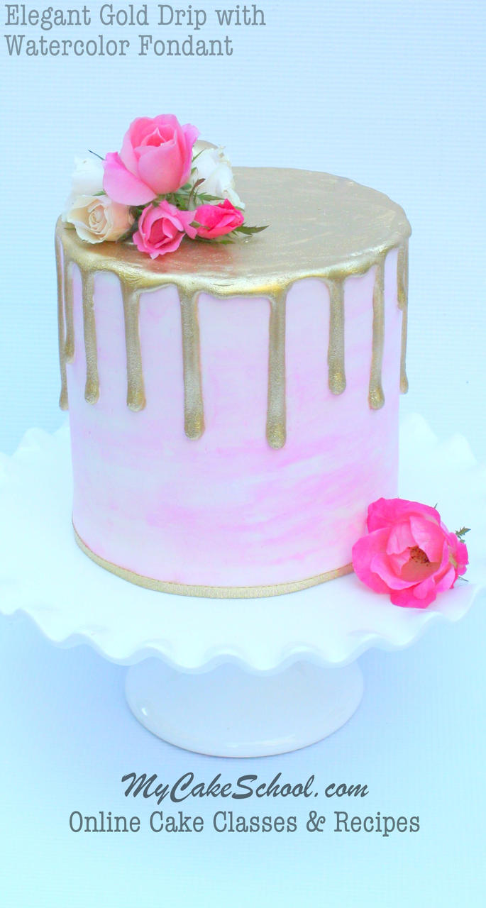 Beautiful Gold Drip with Watercolor Fondant! A cake decorating video by MyCakeSchool.com.