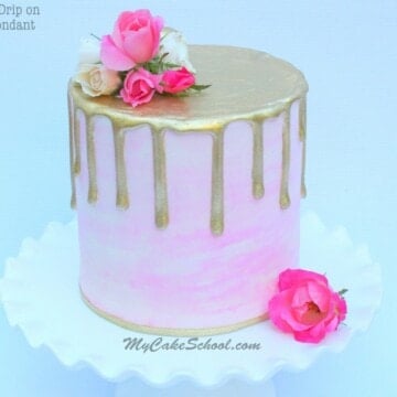 Beautiful Gold Drip Cake on Watercolor Fondant with Fresh Flowers! A Cake Video by MyCakeSchool.com!