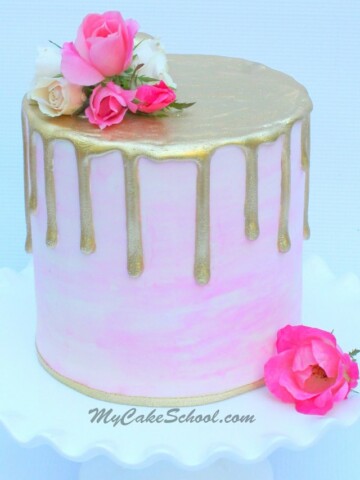 Beautiful Gold Drip Cake on Watercolor Fondant with Fresh Flowers! A Cake Video by MyCakeSchool.com!