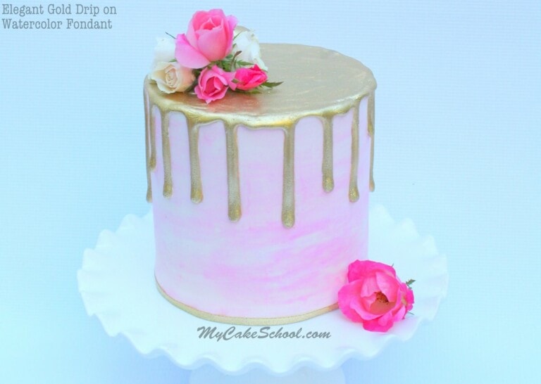 Beautiful Gold Drip Cake on Watercolor Fondant with Fresh Flowers! A Cake Video by MyCakeSchool.com!