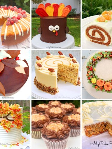 A photo grid of fall and Thanksgiving cakes.