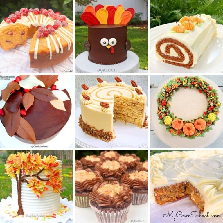 A photo grid of fall and Thanksgiving cakes.