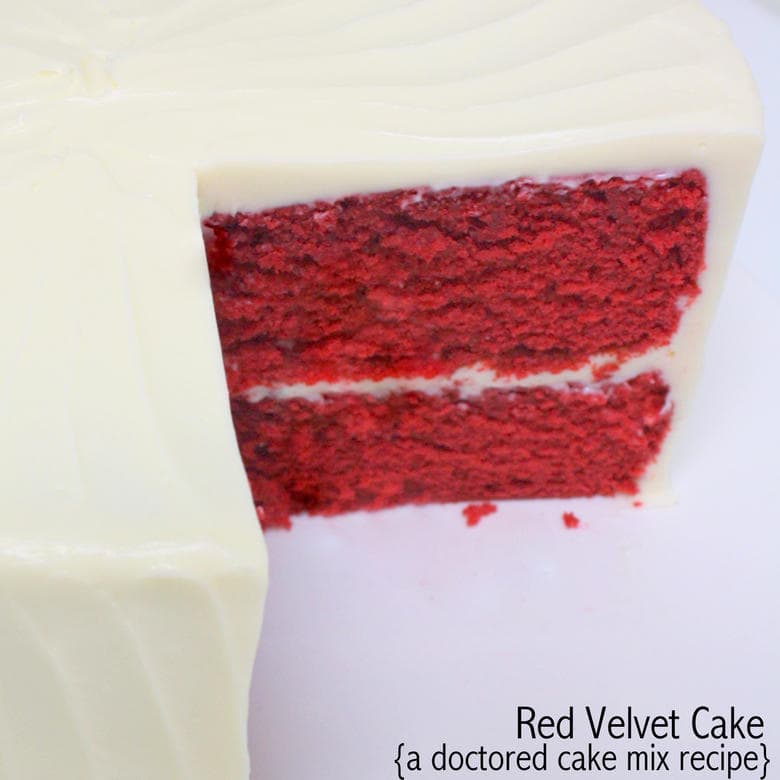 The BEST doctored cake mix Red Velvet Cake recipe! Super moist, delicious, and fantastic with Cream Cheese Frosting! MyCakeSchool.com.