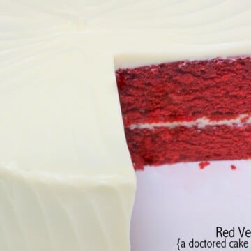 The BEST doctored cake mix Red Velvet Cake recipe! Super moist, delicious, and fantastic with Cream Cheese Frosting! MyCakeSchool.com.