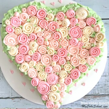 Romantic Buttercream Ribbon Roses Heart Cake Tutorial by My Cake School! The free version of this cake tutorial is available in our blog!