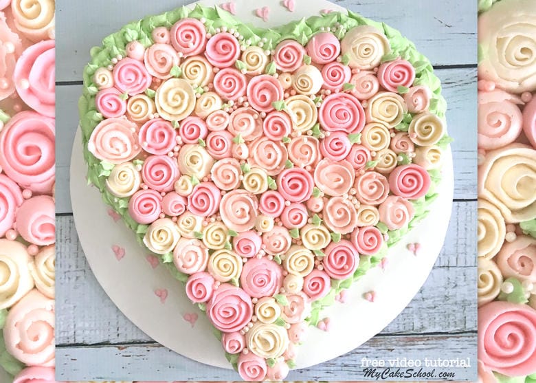 Romantic Buttercream Ribbon Roses Heart Cake Tutorial by My Cake School! The free version of this cake video tutorial is available in our blog!