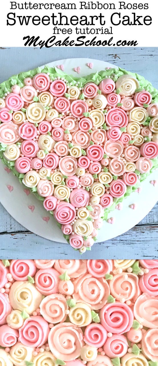 Romantic Buttercream Ribbon Roses Sweetheart Cake Tutorial by MyCakeSchool.com. Free video tutorial!