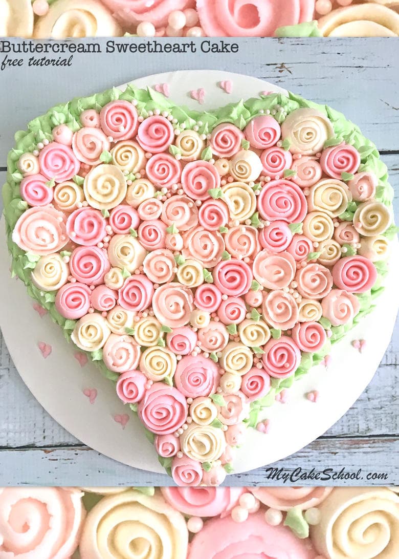Beautiful Buttercream Ribbon Rose Heart Cake- free video tutorial by MyCakeSchool.com. Learn cake decorating online!