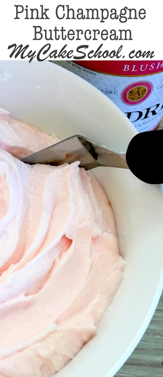 We LOVE this delicious Pink Champagne Buttercream recipe! Perfect with pink champagne cakes and cupcakes! Recipe by MyCakeSchool.com.