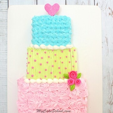 Adorable Tiered Sheet Cake Design. Free Cake Tutorial by MyCakeSchool.com.