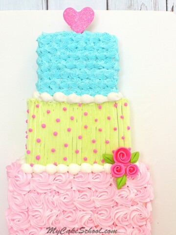 Adorable Tiered Sheet Cake Design. Free Cake Tutorial by MyCakeSchool.com.