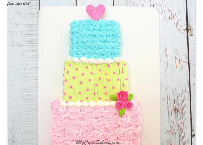 Adorable Tiered Sheet Cake Design. Free Cake Tutorial by MyCakeSchool.com.