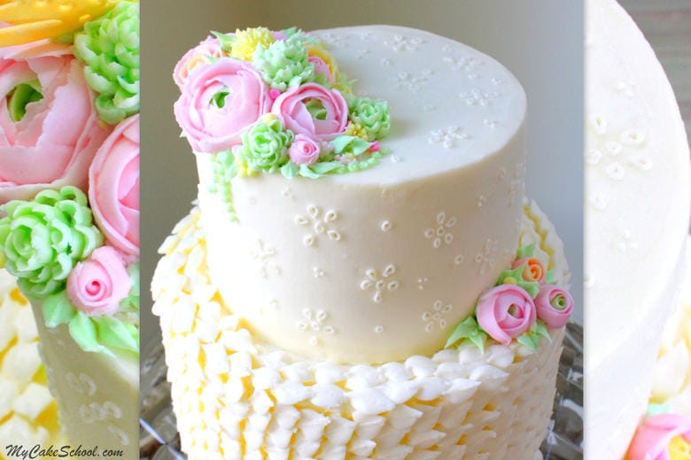 Buttercream Eyelet Cake Video Tutorial by MyCakeSchool.com! Member cake video section. Featuring buttercream eyelet and flowers!