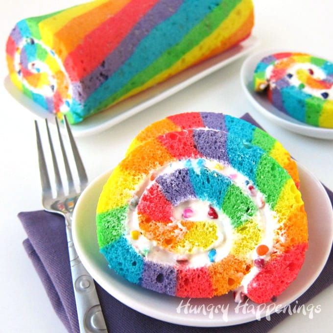 Rainbow Cake Roll by Hungry Happenings! My Cake School's Roundup of Rainbow Cake Tutorials!