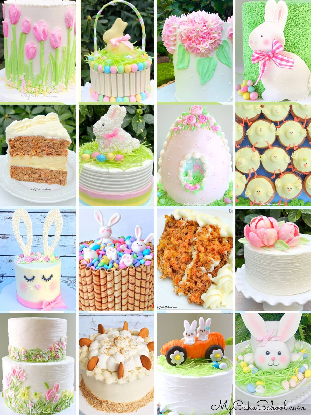 photo grid of easter cake designs.