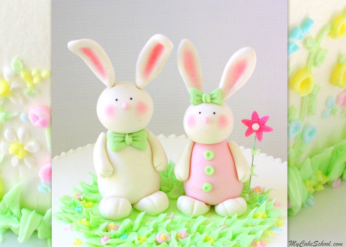 CUTE Gum Paste Bunnies! Cake Topper Video Tutorial (Member Section) by MyCakeSchool.com! Perfect for Easter and springtime cakes, young birthday cakes, and baby showers! MyCakeSchool.com.