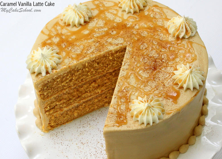 Amazing Caramel Vanilla Latte Cake Recipe by MyCakeSchool.com! A moist a delicious recipe with a heavenly combination of caramel, espresso, and vanilla flavors. Yum!