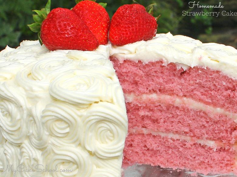 Amazing homemade Strawberry Cake Recipe by MyCakeSchool.com! Wonderful strawberry flavor and ultra moist! Recipe by MyCakeSchool.com!