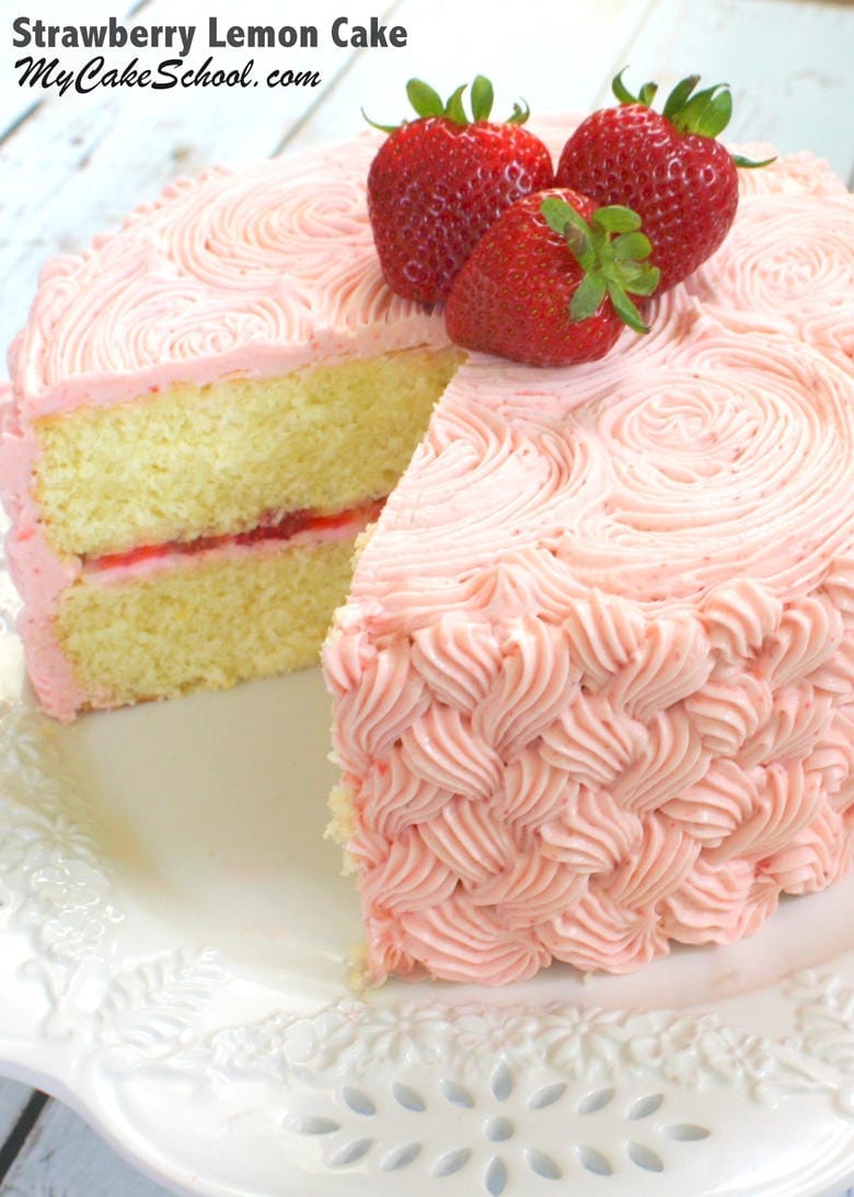 Delicious Strawberry Lemon Cake From Scratch! Moist and Delicious Lemon Cake Layers with a filling of Strawberry Buttercream and freshly sliced strawberries! Recipe by MyCakeSchool.com.