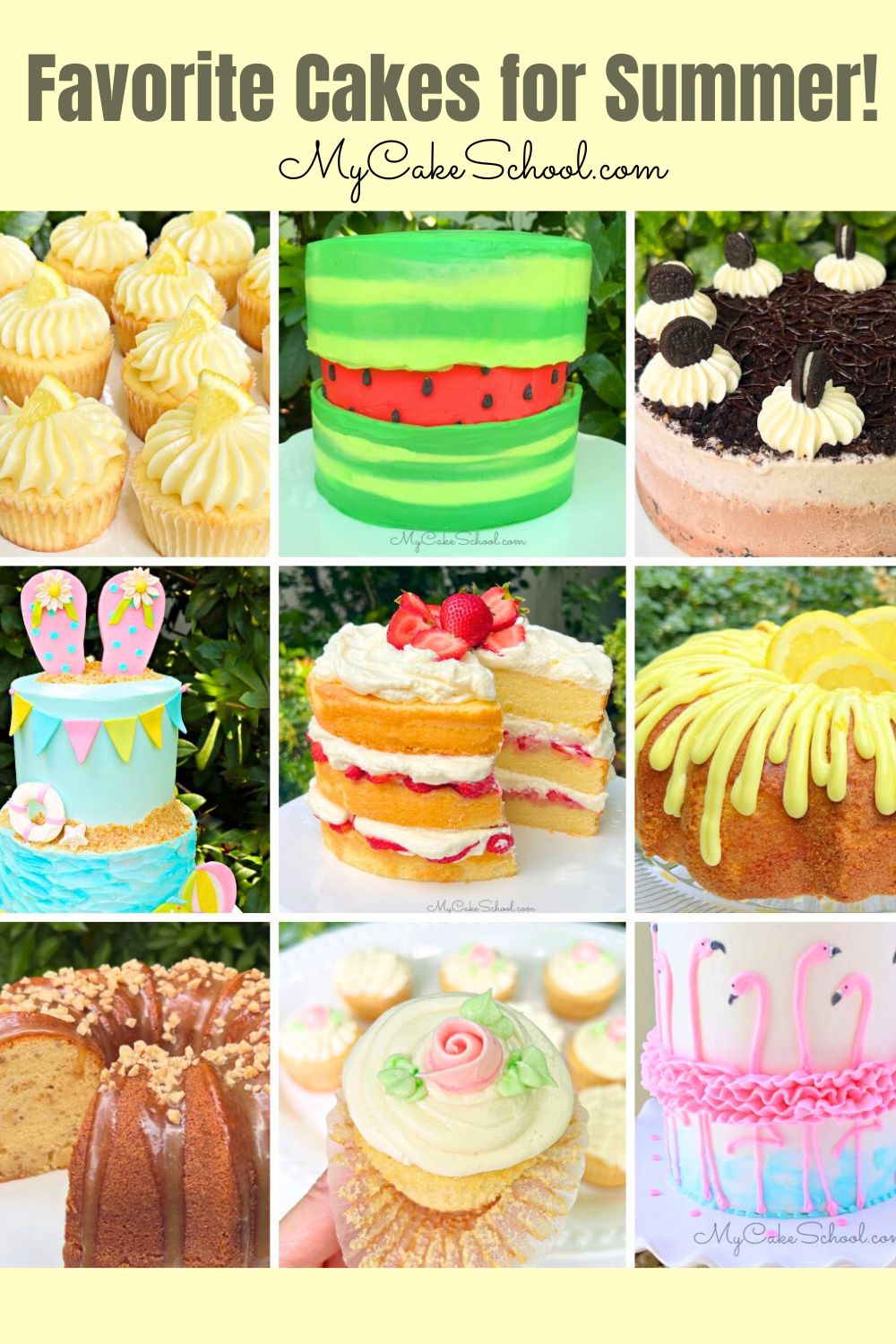 Collage of Favorite Summer Cakes, from lemon cupcakes to beach themed cakes and more.