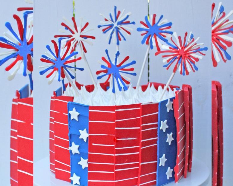 July 4th Cake with Chocolate Panels and FIreworks! Free Cake Video!