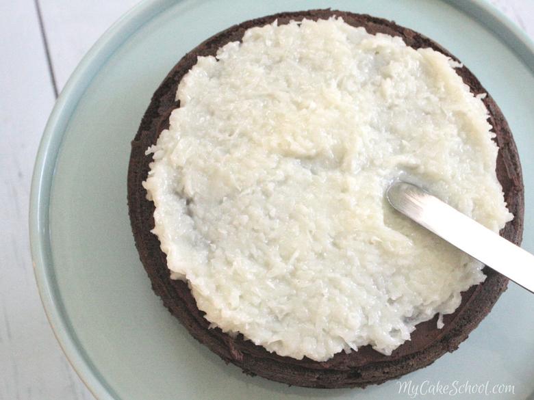 Delicious and Easy Coconut Filling for Cakes and Cupcakes! Coconut Filling for Almond Joy Cake- MyCakeSchool.com