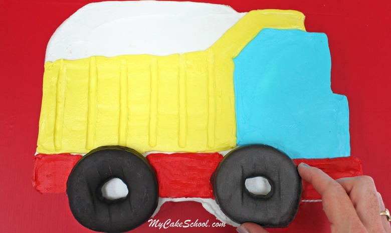 Free Dump Truck Sheet Cake Tutorial by MyCakeSchool.com! Perfect for young birthdays! 