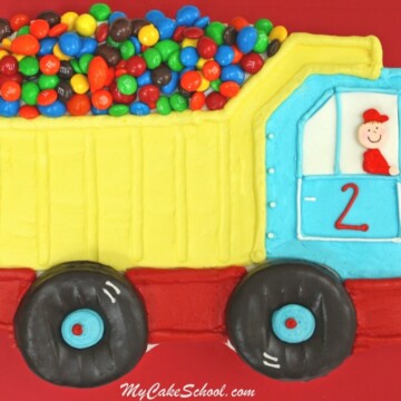 Easy Dump Truck Sheet Cake Tutorial by MyCakeSchool.com! Perfect for children's birthday parties! My Cake School Online Cake Tutorials, Cake Recipes, and More!