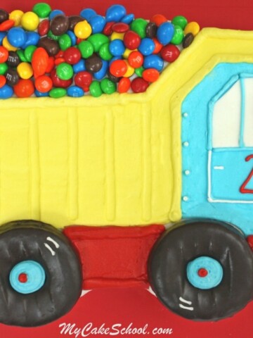 Easy Dump Truck Sheet Cake Tutorial by MyCakeSchool.com! Perfect for children's birthday parties! My Cake School Online Cake Tutorials, Cake Recipes, and More!